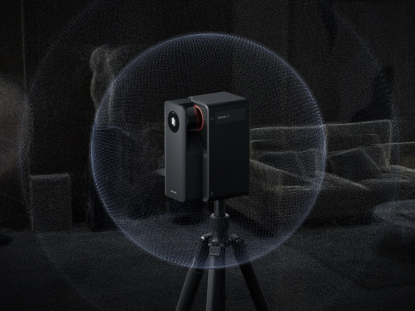 Realsee Galois P4 scanner surrounded by the point cloud it captures